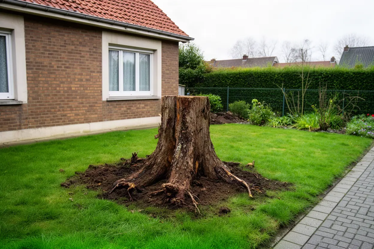 Souche gênante avant rognage dans un jardin à Dunkerque