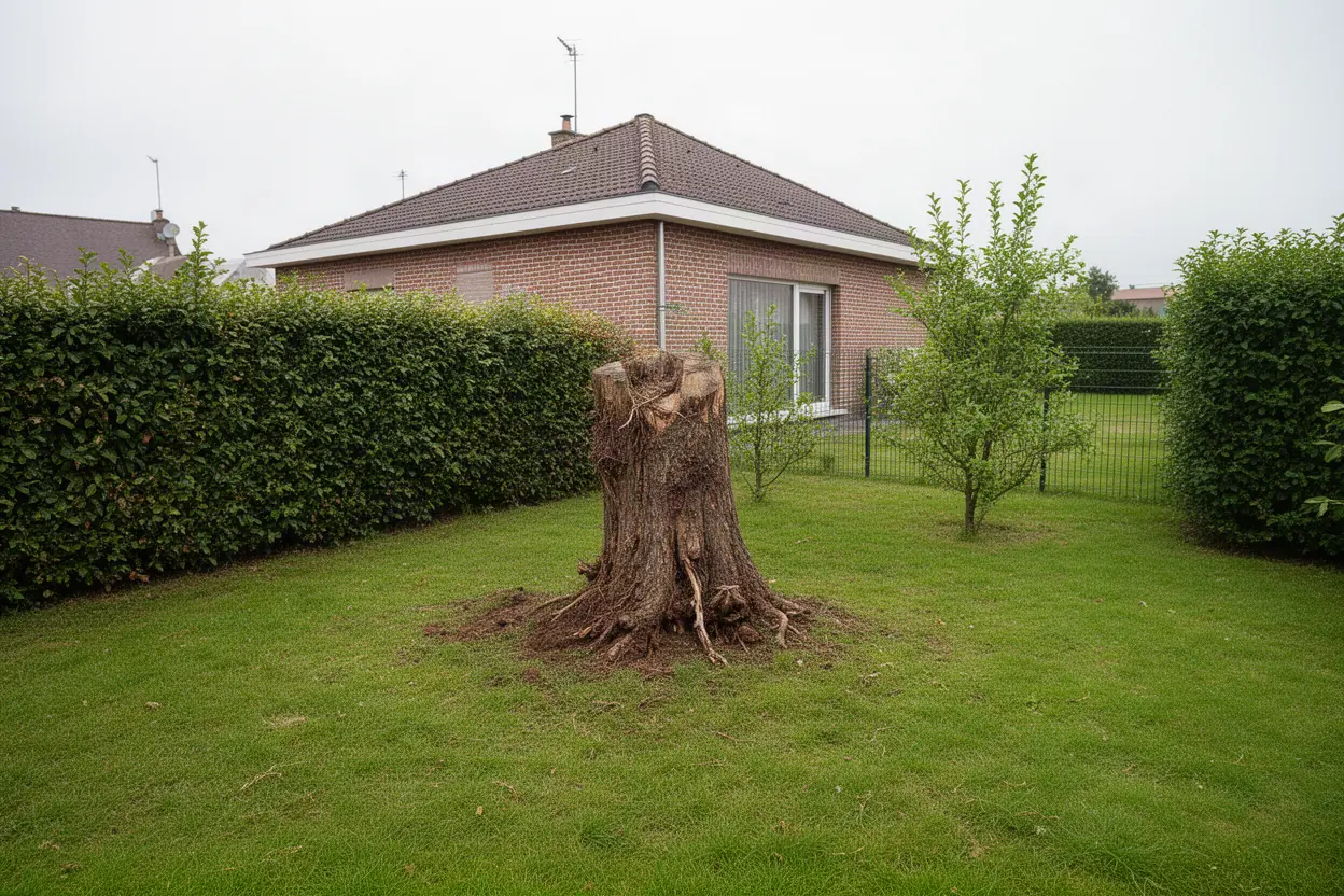 Souche encombrante dans un jardin de Leffrinckoucke