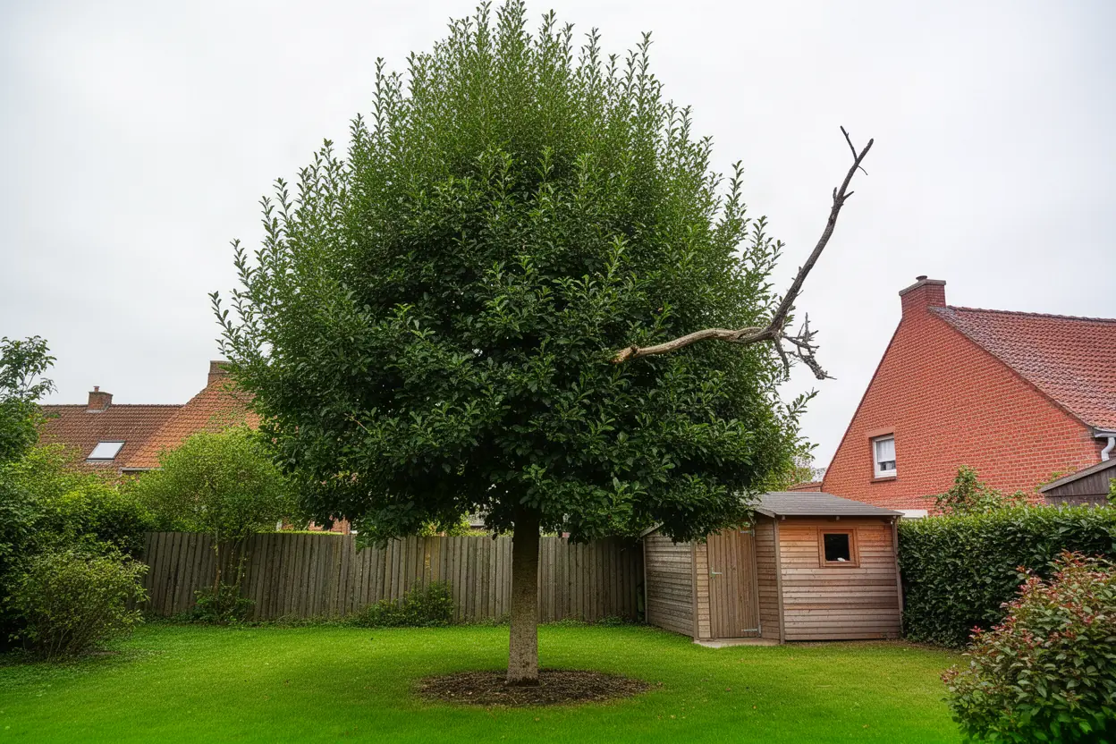 Branches hautes proches d'une remise dans un jardin