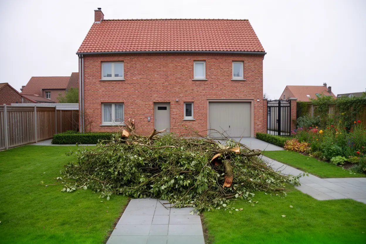 Branches coupées encombrant une allée de jardin à Bergues