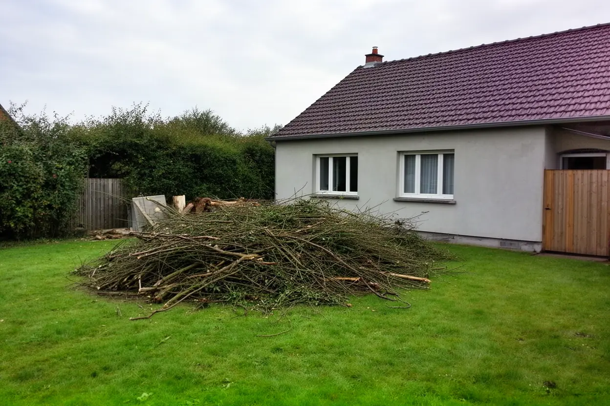Branches coupées encombrant un jardin à Téteghem-Coudekerque-Village