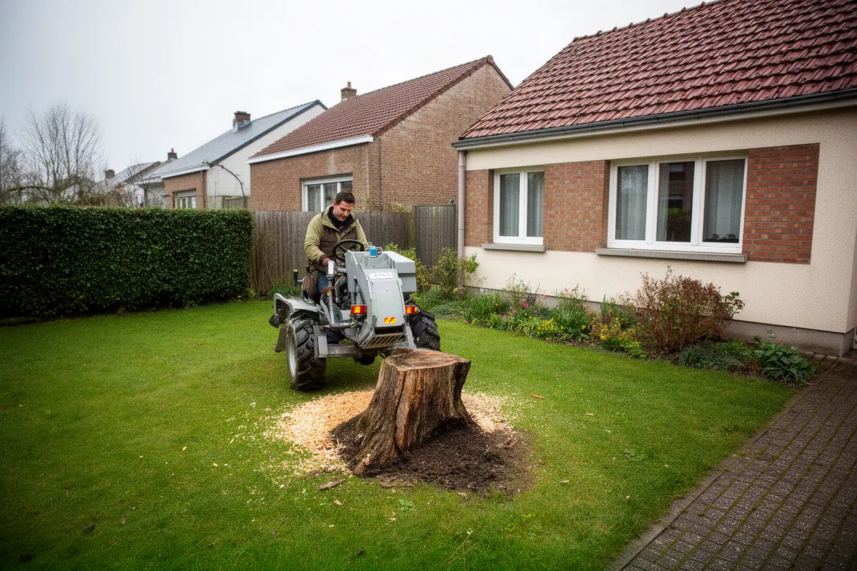 Rognage d'une souche dans un jardin à Dunkerque