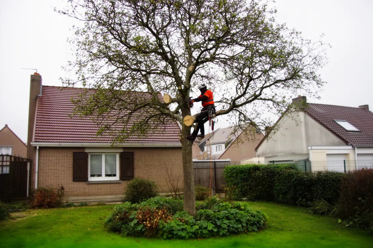 Arboriste taillant un arbre dans un jardin à Dunkerque