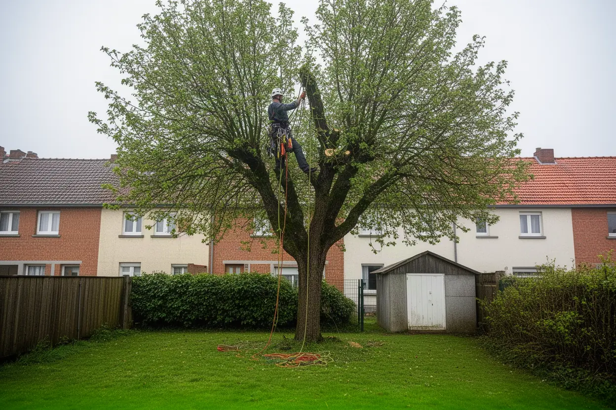 Élagueur grimpeur taillant un arbre à Dunkerque