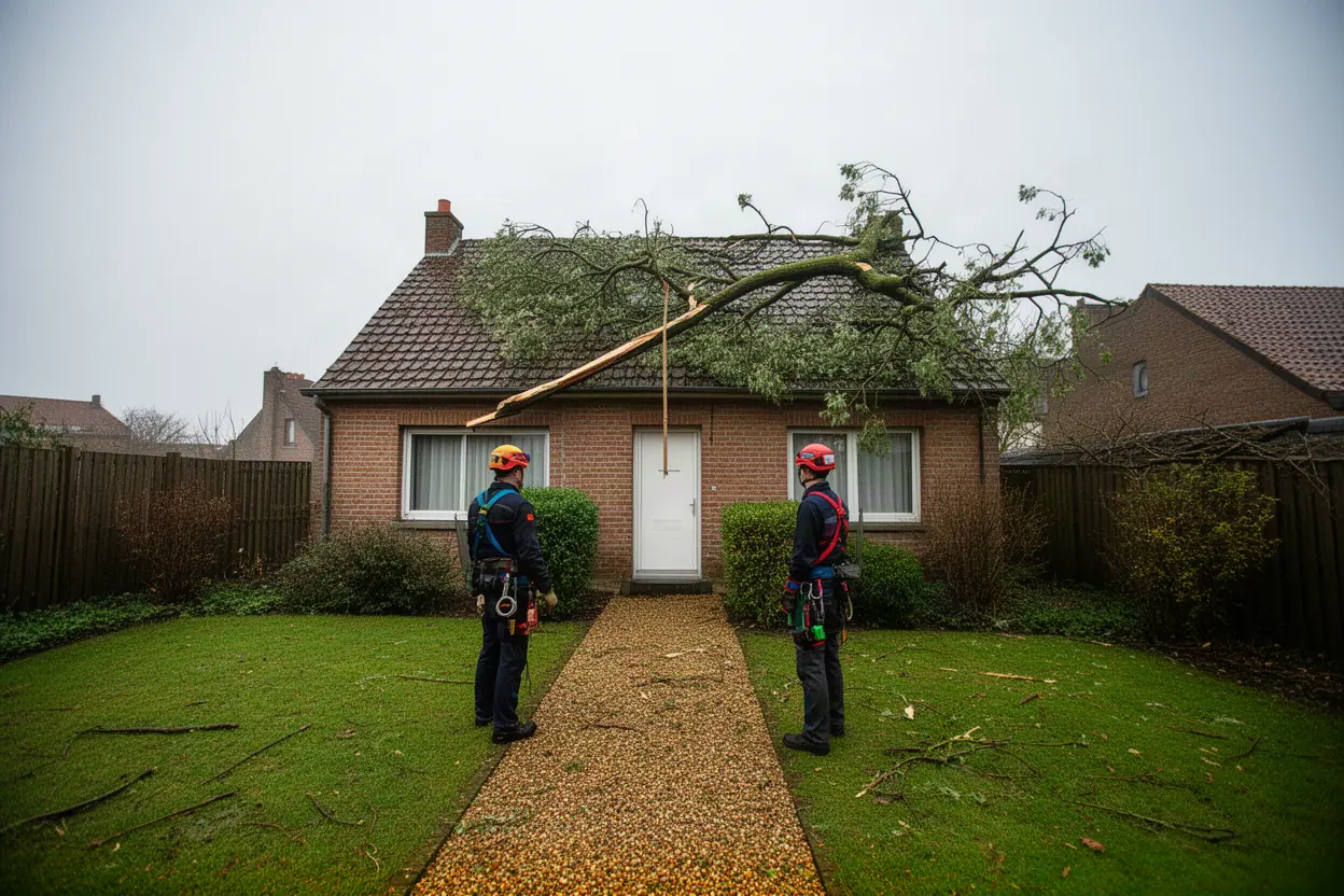 Élagueur sécurisant une branche après tempête à Dunkerque